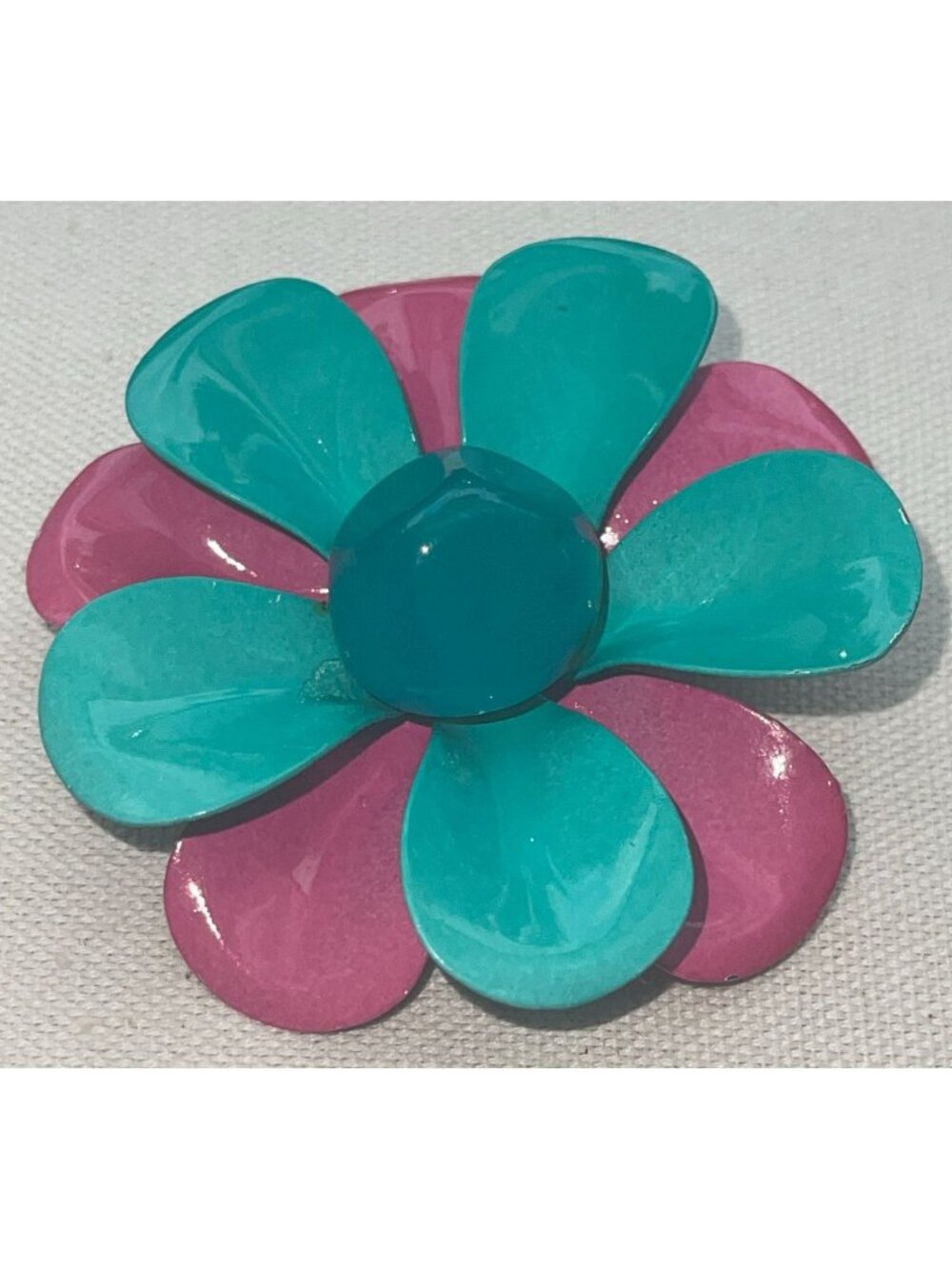 Vtg Flower Power Enamel Brooch Teal & Hot Pink Layered Petals Retro Mod MCM Desi